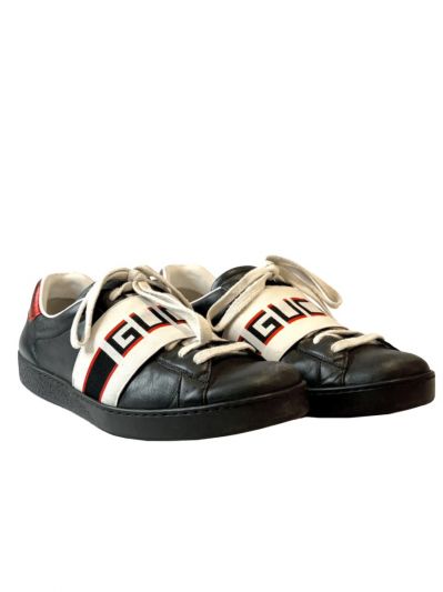 BLACK ACE SNEAKERS WITH WHITE GUCCI ELASTIC