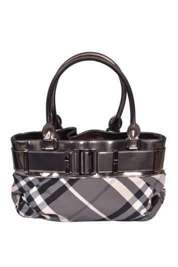 Burberry Beat Check Patent Leather and Fabric Beaton Satchel Bag