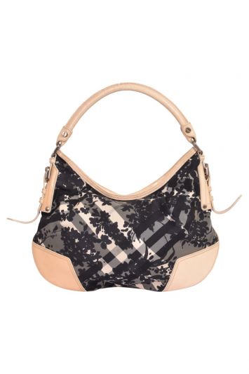 Burberry Black/Cream Floral Beat Check Nylon And Patent Leather Hobo Bag