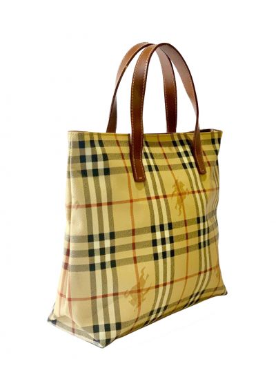 BURBERRY HAYMARKET CHECK COATED CANVAS TOTE BAG