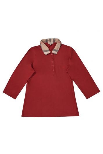 Burberry Red Long Sleeves Check Collar Polo Top