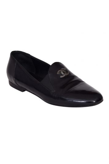 Chanel Black Patent Leather CC Smoking Loafers