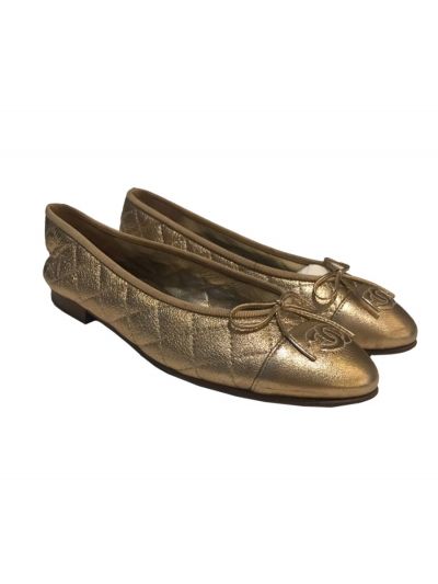 Chanel Gold Leather Cap Toe Ballerinas