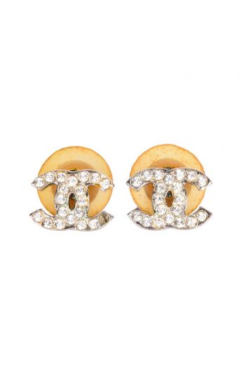 Chanel Silver Tone Crystal Embellished CC Stud Earrings Chanel