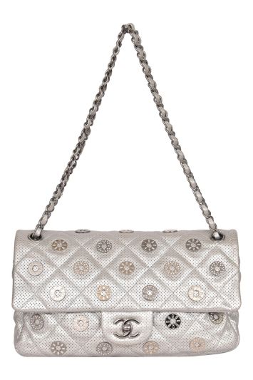 Chanel Paris-Dubai Medals Embellished Quilted Perforated Lambskin Silver Flap HandBag