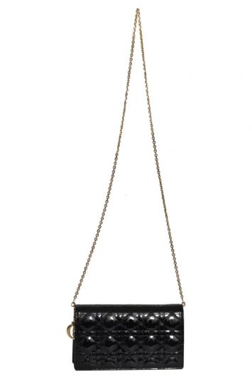 Christian Dior Lady Dior Cannage Black Patent Pouch on Chain