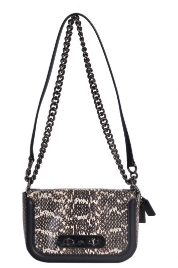 Coach Leather Snakeskin Swagger 20 Turnlock Chalk Blach Shoulder Bag