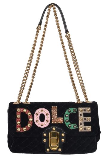 Dolce & Gabbana Black Quilted Velvet Lucia Embellished Shoulder Bag