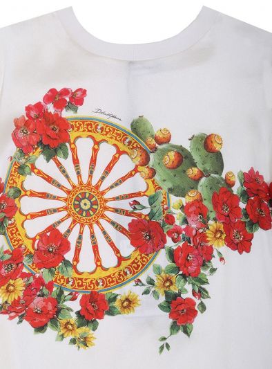 DOLCE & GABBANA WHITE SATIN SILK FLORAL T SHIRT