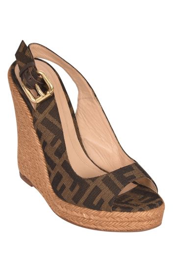 Fendi Brown Zucca Canvas Espadrille Wedge Slingbacks