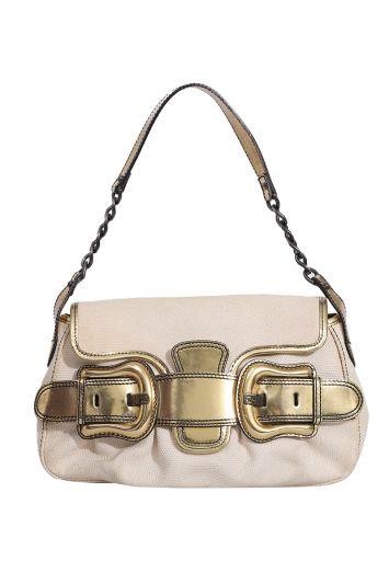 FENDI CANVAS AND MIRRORED LEATHER BUCKLE SHOULDER BAG