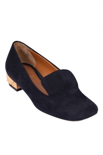 Fendi Navy Blue Suede Studded Heel Smoking Slippers