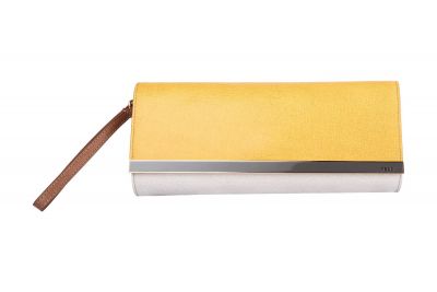 FENDI RUSH COLORBLOCK YELLOW GREY SAFFIANO WRISTLET CLUTCH