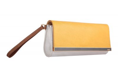 FENDI RUSH COLORBLOCK YELLOW GREY SAFFIANO WRISTLET CLUTCH