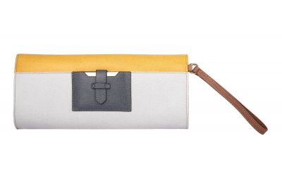 FENDI RUSH COLORBLOCK YELLOW GREY SAFFIANO WRISTLET CLUTCH