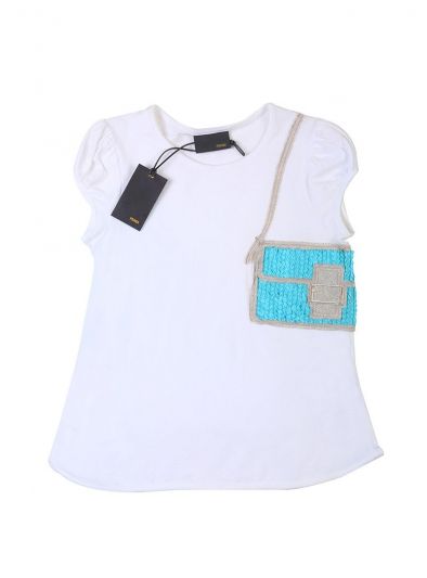 FENDI WHITE & BLUE EMBROIDERED PATCHWORK T-SHIRT