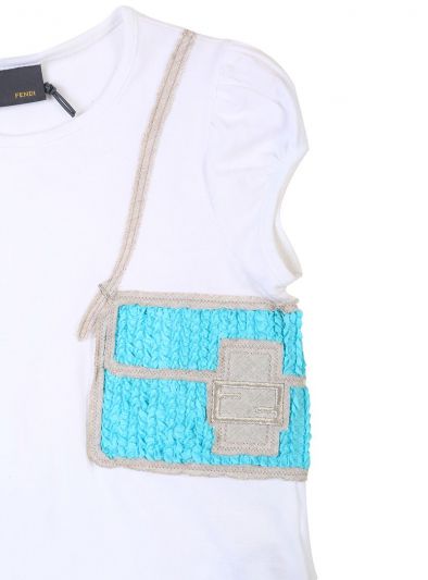 FENDI WHITE & BLUE EMBROIDERED PATCHWORK T-SHIRT