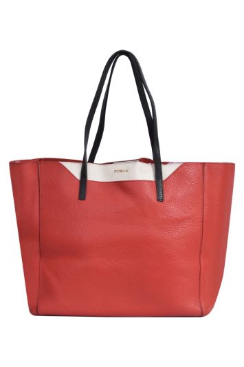 Furla Coral Orange /White Soft Leather Snap Handbag