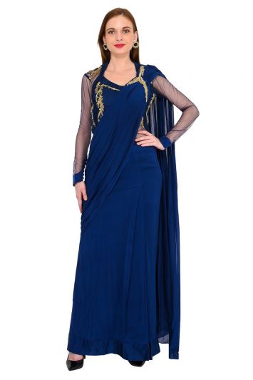 Buy Blue Viscose Crepe Round Embroidered Saree Gown For Women by Vivek  Patel Online at Aza Fashions.