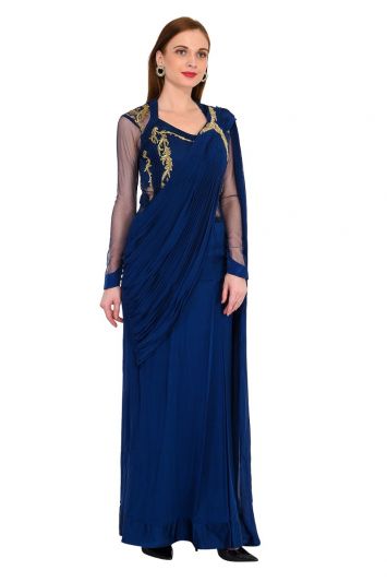 Buy Gold Braso Organza Embroidered Shimmer Chiffon Pre-draped Saree Gown  For Women by Mandira Wirk Online at Aza Fashions.