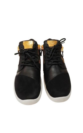 GIUSEPPE ZANOTTI BLACK SUEDE & LEATHER DOUBLE CHAIN LOW TOP SNEAKERS
