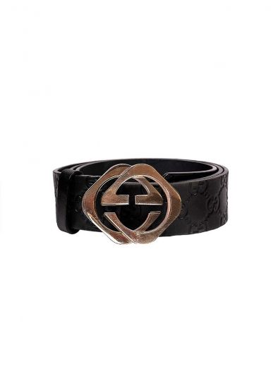 Belt with square buckle and Interlocking G in black leather