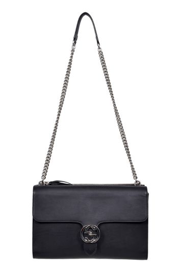 Gucci Black Leather Medium Interlocking GG Shoulder Bag