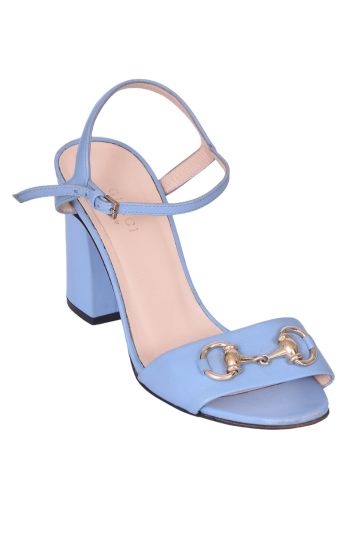 Gucci Blue Leather Horsebit Block Heels
