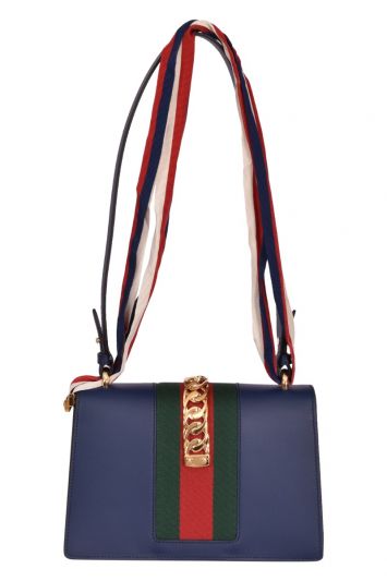 Gucci Sylvie Bow Web Navy Leather Handbag