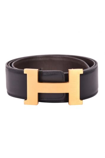 Hermes H Golden Buckle Reversibile Black Leather Belt