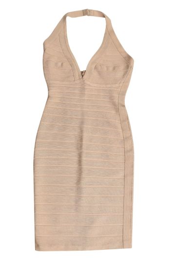 Herve Leger Halter Neck Beige Dress