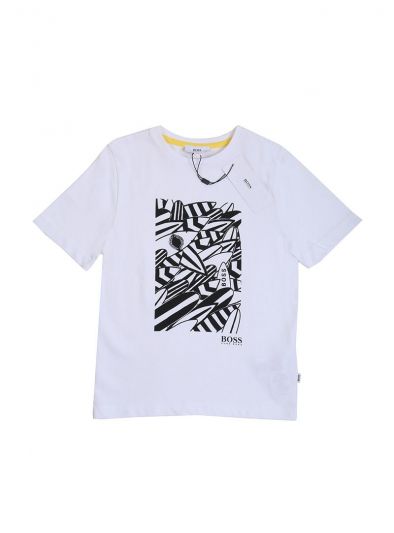 HUGO BOSS WHITE ABSTRACT PRINT LOGO T SHIRT