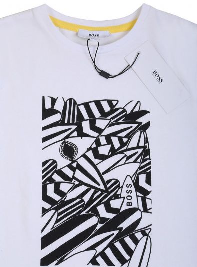 HUGO BOSS WHITE ABSTRACT PRINT LOGO T SHIRT