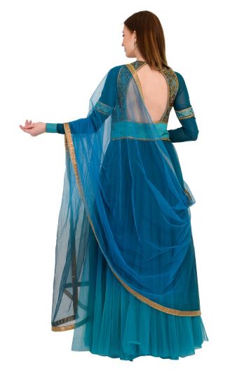 J J VALAYA  EMBROIDERED TEAL GOWN