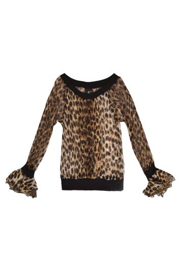 JUST CAVALLI LEOPARD PRINTED CHIFFON RIB TRIM TOP