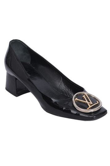 Louis Vuitton Black Patent Leather Madeleine Logo Block Heels