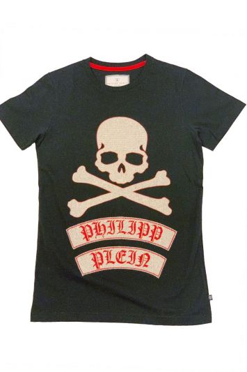 PHILIPP PLEIN BLACK STUDDED RED SKULL T SHIRT