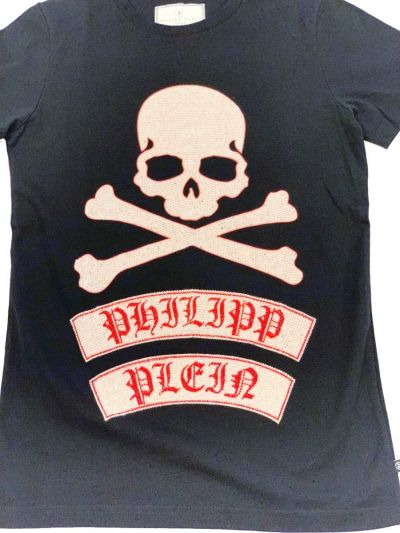 PHILIPP PLEIN BLACK STUDDED RED SKULL T SHIRT