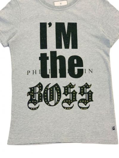 PHILIPP PLEIN HEATHER GREY STUDDED T SHIRT