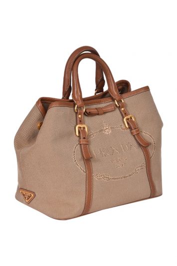 Prada Bauletto Jacquard Brown Canvas Handbag