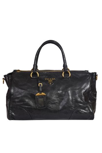 Prada Black Glazed Leather Top Handle Bag