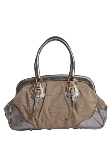Prada Brown/Beige Canapa Logo Frame Handbag