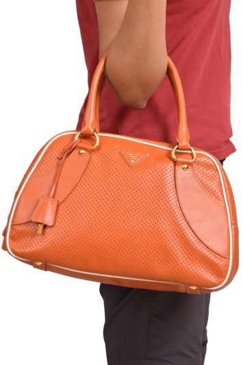 Prada Perforated Leather Orange Satchel Bag