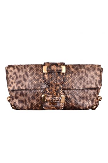 Roberto Cavalli Brown Python Leather Chain Clutch