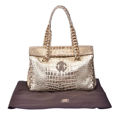 ROBERTO CAVALLI METALLIC GOLD CROCODILE EMBOSSED LEATHER BAG