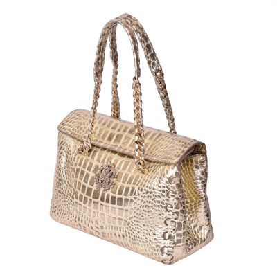 ROBERTO CAVALLI METALLIC GOLD CROCODILE EMBOSSED LEATHER BAG