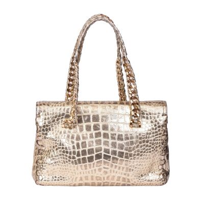 ROBERTO CAVALLI METALLIC GOLD CROCODILE EMBOSSED LEATHER BAG