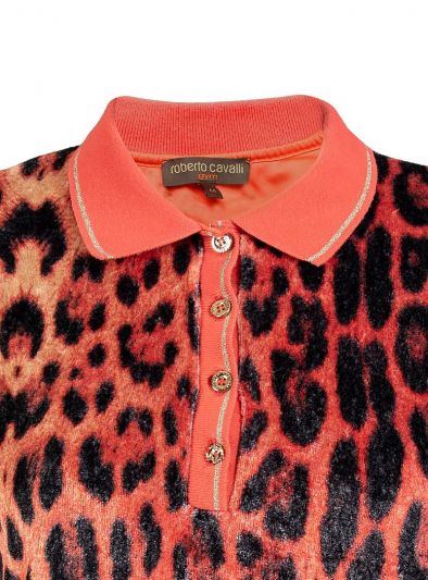 ROBERTO CAVALLI ORANGE LEOPARD PRINT VELOUR T SHIRT