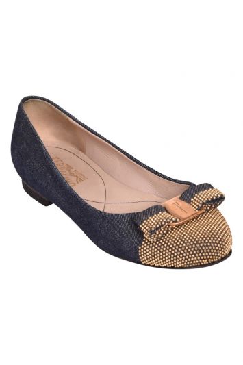 Salvatore Ferragamo Denim Fabric Studded Vara Bow Ballerinas