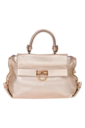 Salvatore Ferragamo Metallic Gold Leather Satchel Handbag